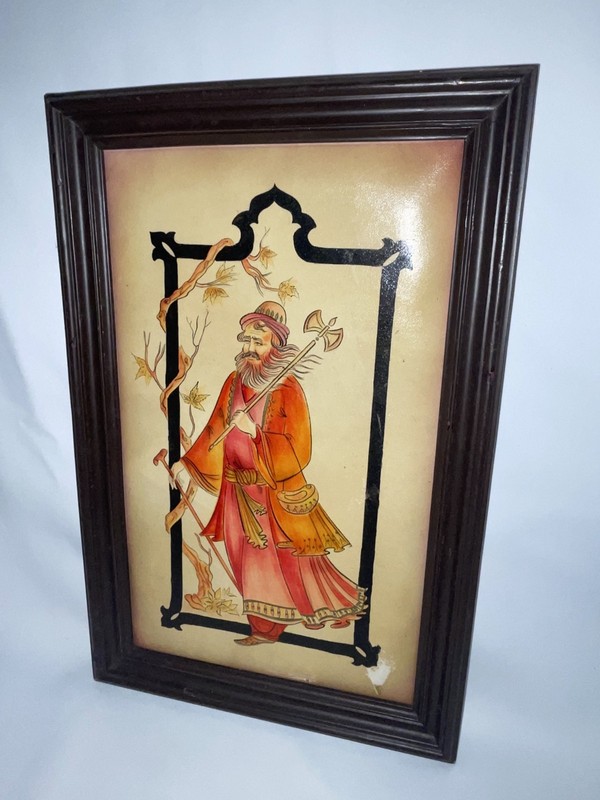 Framed Persian Oil Painting On Leather 18 1/2 Inches High Male Image