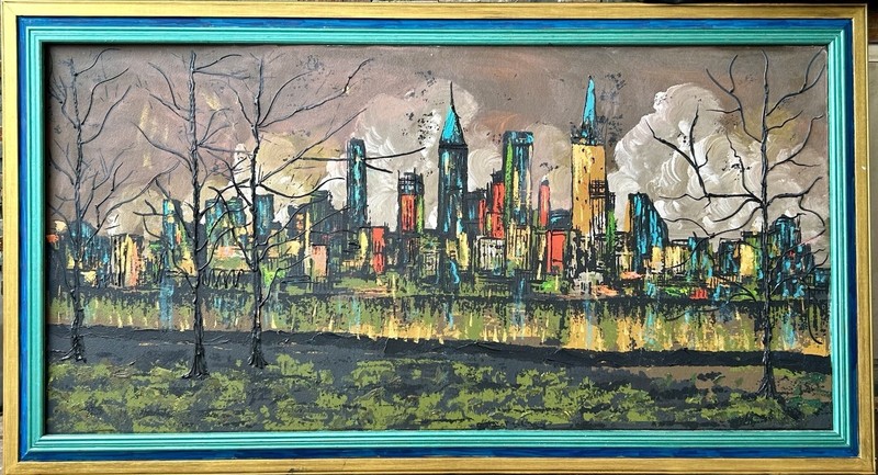 Abstract Modernist New York City Skyline Oil Painting Board Impasto Vibrant MCM