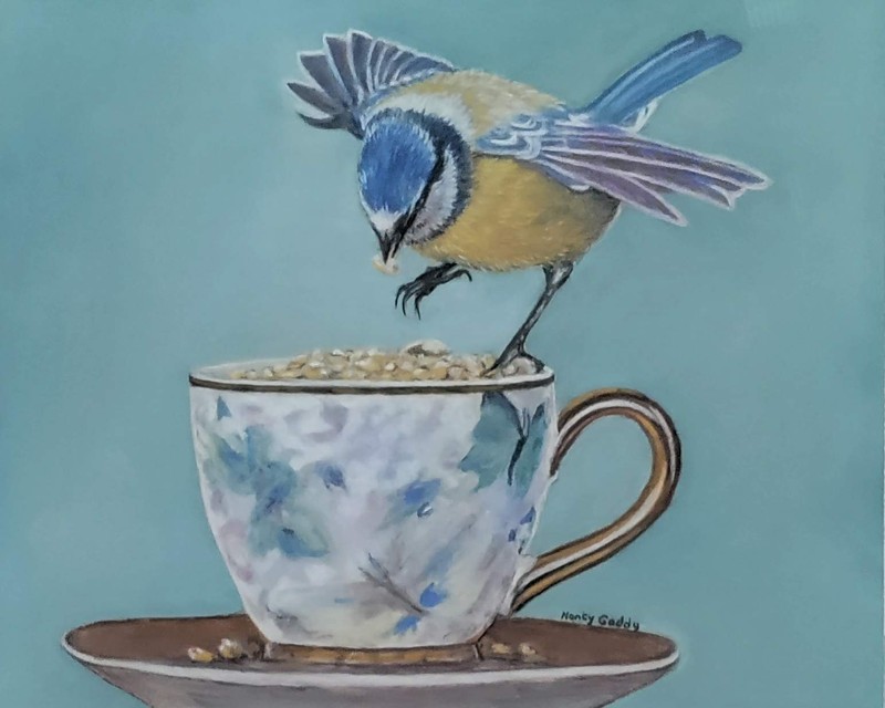 Original Expressive Tea Time Bird #1 14 x 11 Matted Pastel Painting gallery
