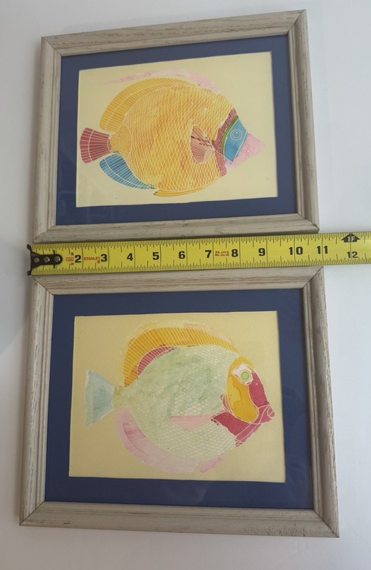 2 Painted Colorful Fish Artwork Picture Matted Framed 9x11” w Frame gallery