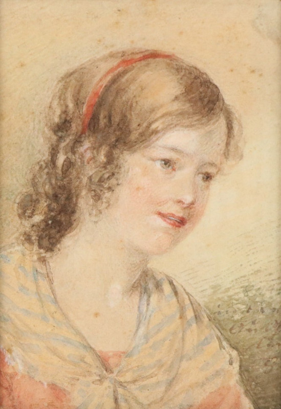 Antique Biedermeier Portrait Painting Young Lady Circa 1850 Watercolor Gouache Signed