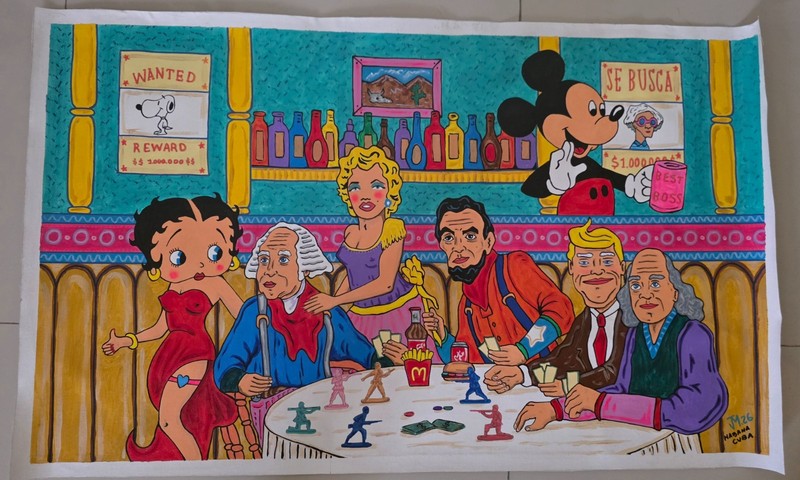 Cuban Pop Art Painting of 4 USA Presidents with Burgers, Fries, Marilyn & Mickey