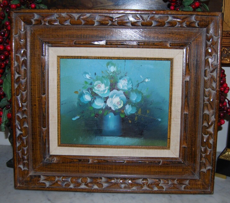 VTG FRAMED SIGNED ORIGINAL OIL BLUE ROSES FLOWERS & VASE STILL LIFE ARTIST: ROLZ