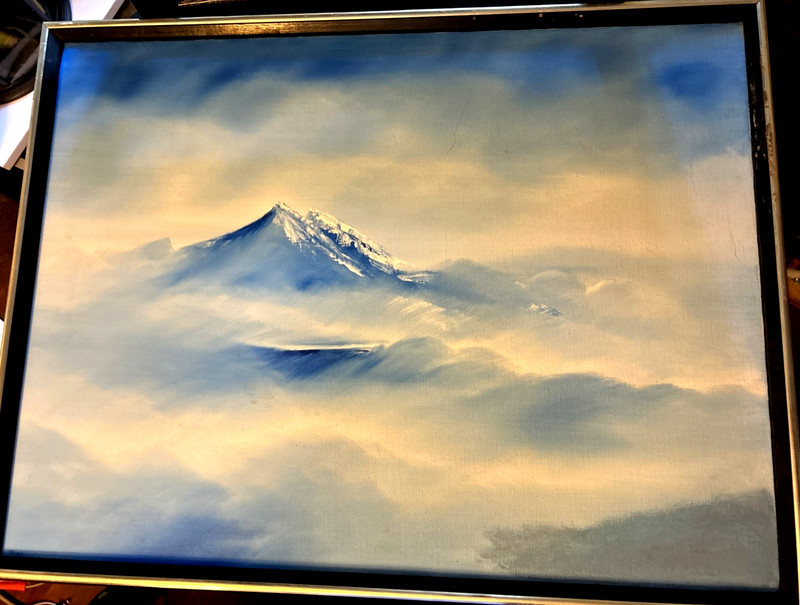 Original Art Oil On Wood 19×25″ Solid Frame signed 1980 BLUE «MT KATAHDIN» NICE!