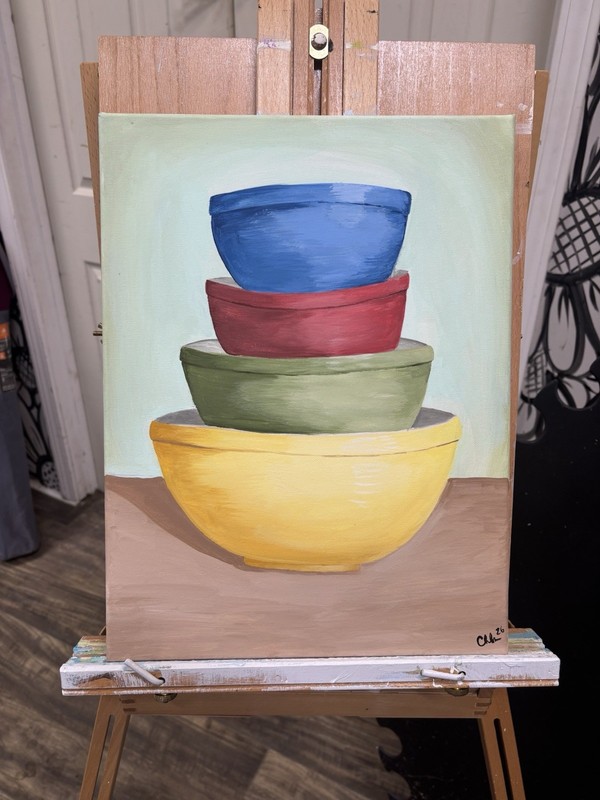 Hand-Painted Still Life Pyrex Bowl Canvas Art. Original Pyrex Set.