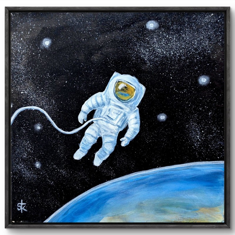 Original Hand Painted 14×14 Canvas Astronaut Acrylic Impressionist Space Art