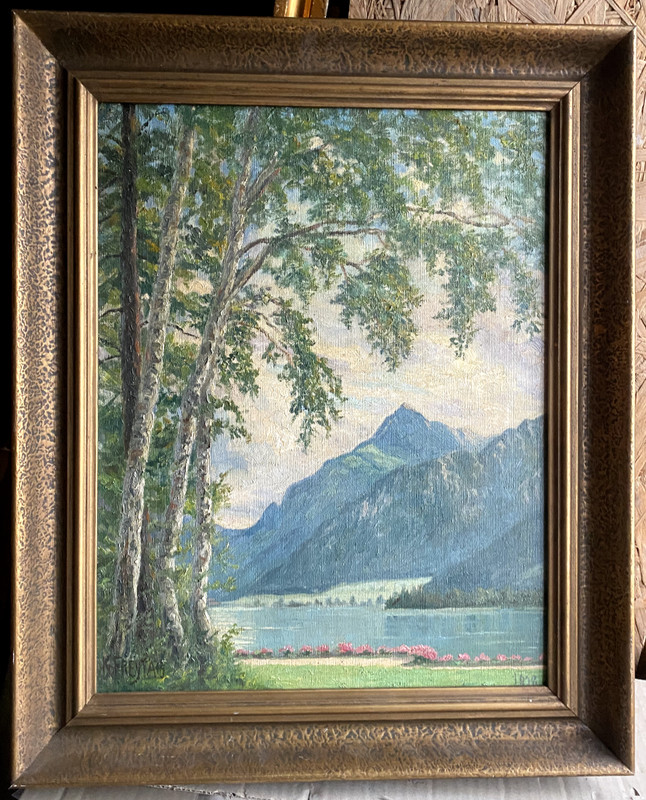 Karl Freytag 1867 Birch Alps Oil Painting Landscape Flowers Beets Antique Frame