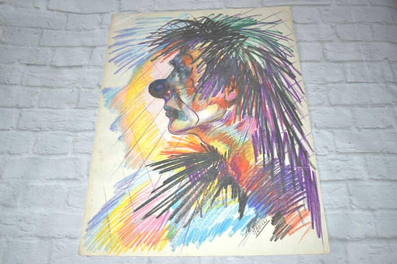 RARE Original M. BRILLI Crayon Drawing of Clown Listed Artist Signed UNFRAMED #6