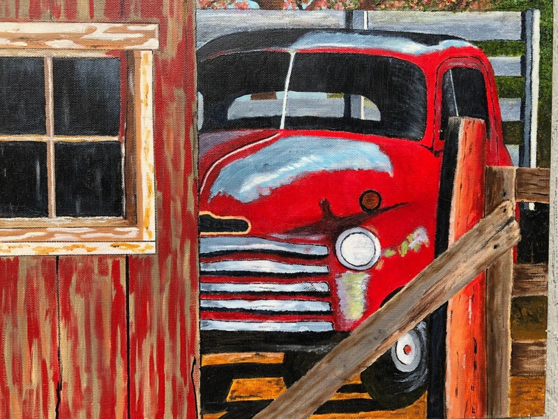 Chevrolet Barn Find of Old Classic Car, an Original Canvas Oil Painting: 24 X 20