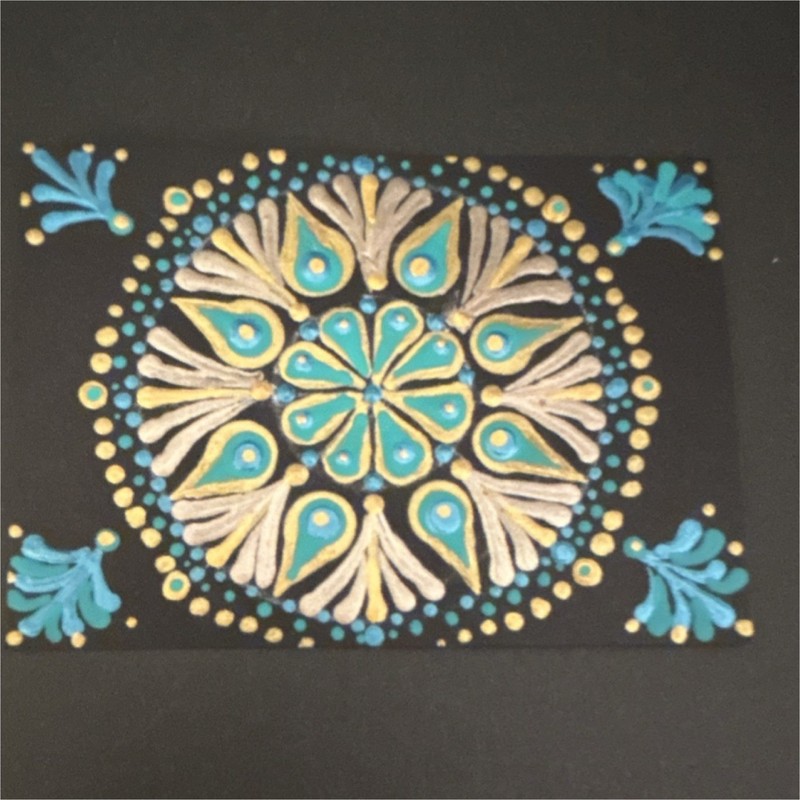MMStout ACEO Peacock Dot Mandala Acrylic paints black card stock FREE SHIPPING