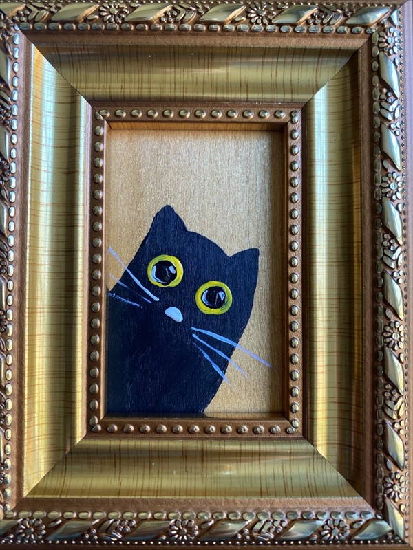 Black Cat Whimsical Funny Original Painting framed,gold,miniature,small,mini