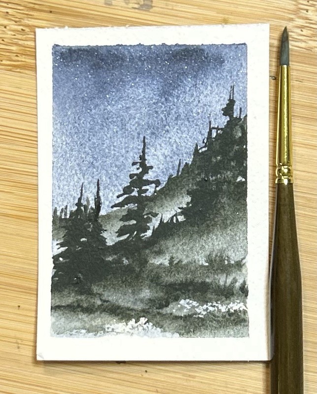 ACEO Stormy Blue Skies Original Watercolor Landscape Painting By Sasha Lehto