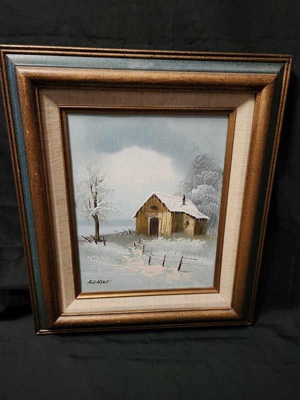 Vintage Cabin In Winter Landscape Painting Signed Roland Wood Frame Blue Accent