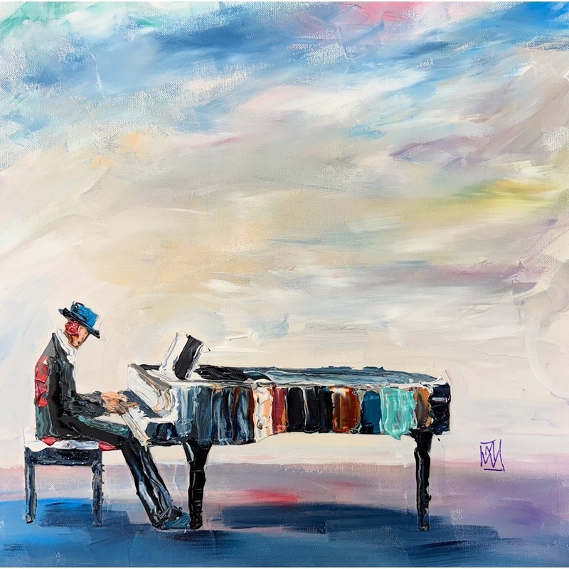 Original Jazz Piano Man Pastel Impasto Music Painting Canvas Art 24″ Mike Wehner
