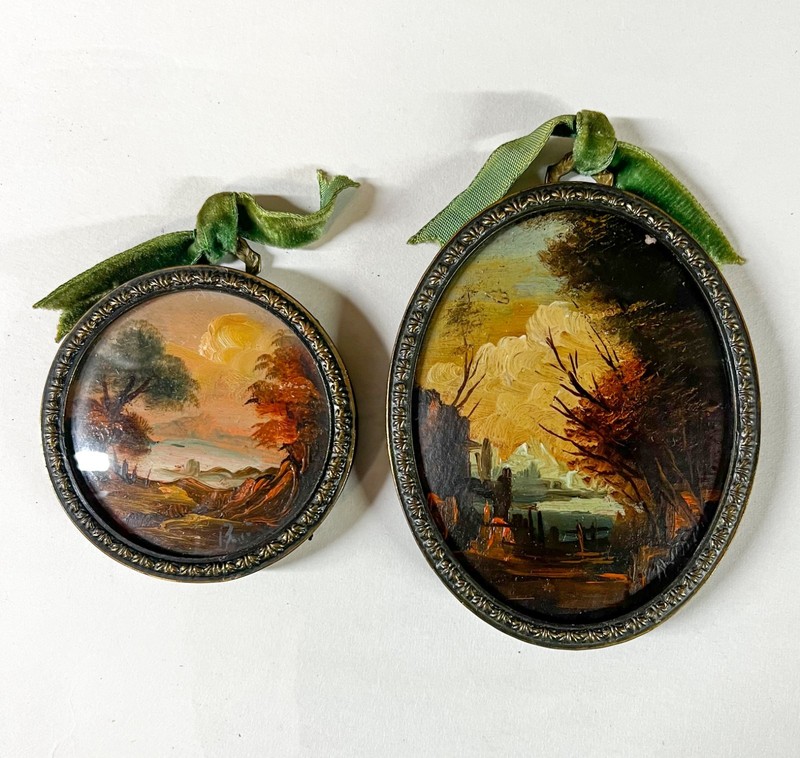 Two Continental miniature oil paintings c1900 Idyllic landscapes