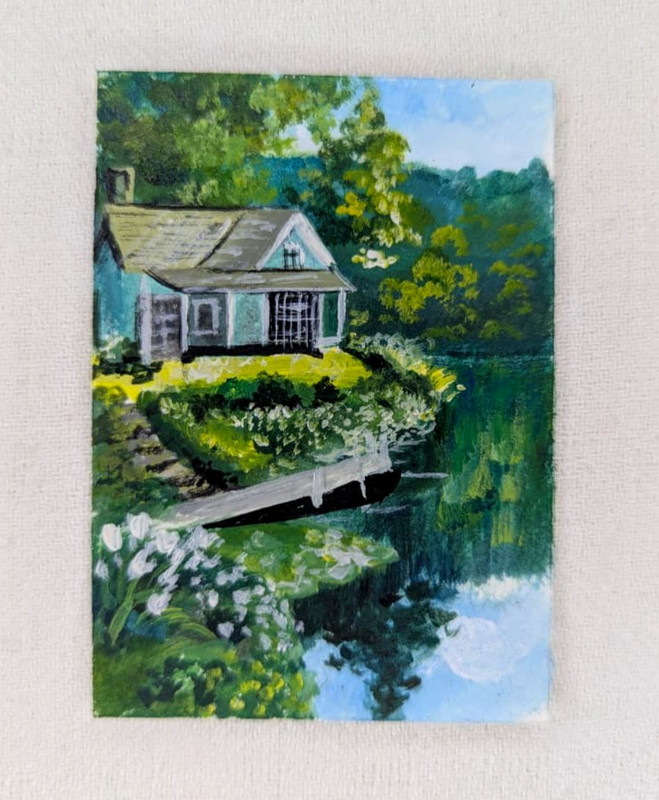 Original ACEO Painting OOAK Lake Cottage House Dock Landscape Acrylic Miniature