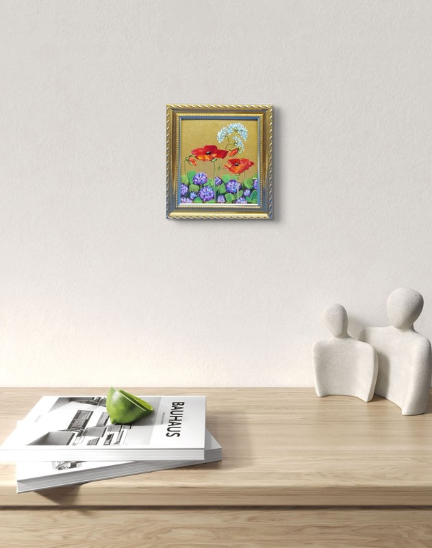 Clover Wildflowers Poppies Original Oil Painting Gold Framed Wall Art Handmade gallery
