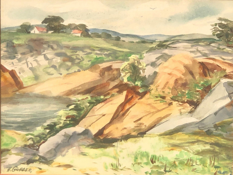 Country Houses near Water 7 1/2 x 9 3/4 W/C Painting-C. 1960s-Henry Gasser