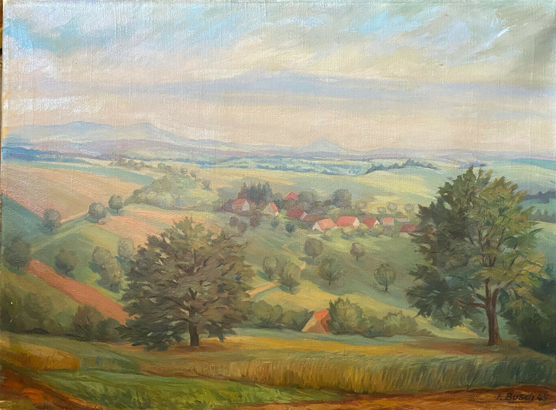 ::ÖLGEMÄLDE SIGNIERT F.BUSCH 1945 BLICK AUF DORFLANDSCHAFT HORIZONT BERGE HÜGEL
