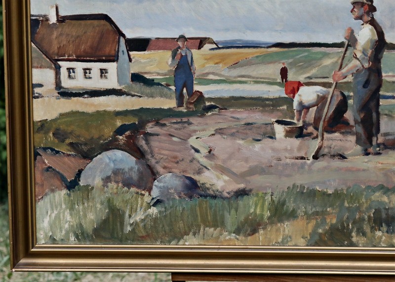 Christian Valentinusen Farm with Figures Oil Painting Signed Original with Frame gallery