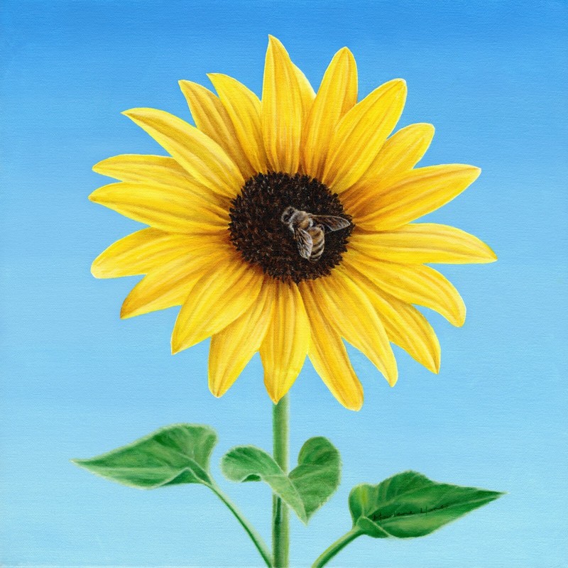 Sunflower Original Oil Painting Bee Insect Art Sunny Sky Happy Honeybee LLANES
