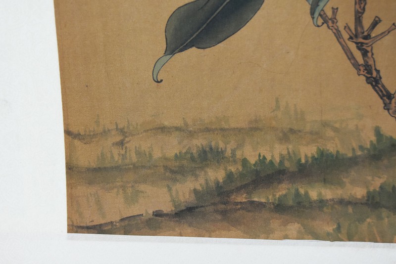 15" Antique Chinese Asian Signed Watercolor Silk White Lilies and Butterflies gallery