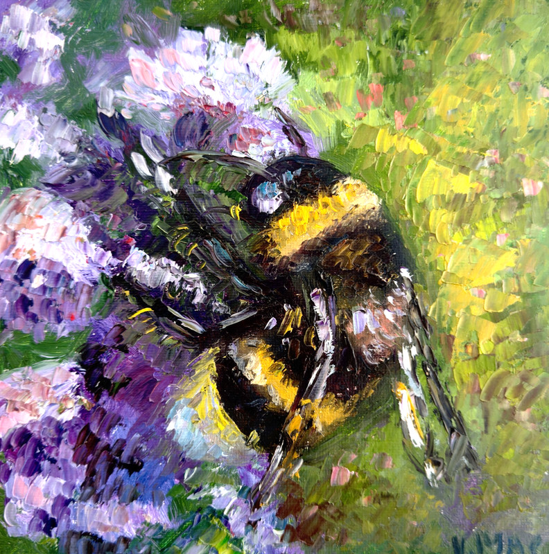 Bumblebee Original Painting Honey Bee Impasto Flower Oil Painting Signed Art 8×8
