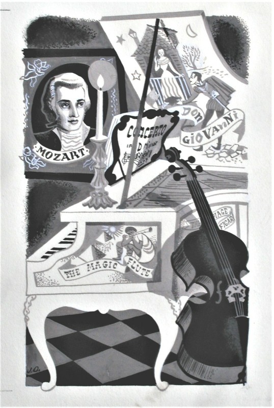 Vintage Jane Oliver New Jersey Artist Original Mozart Themed Illustration
