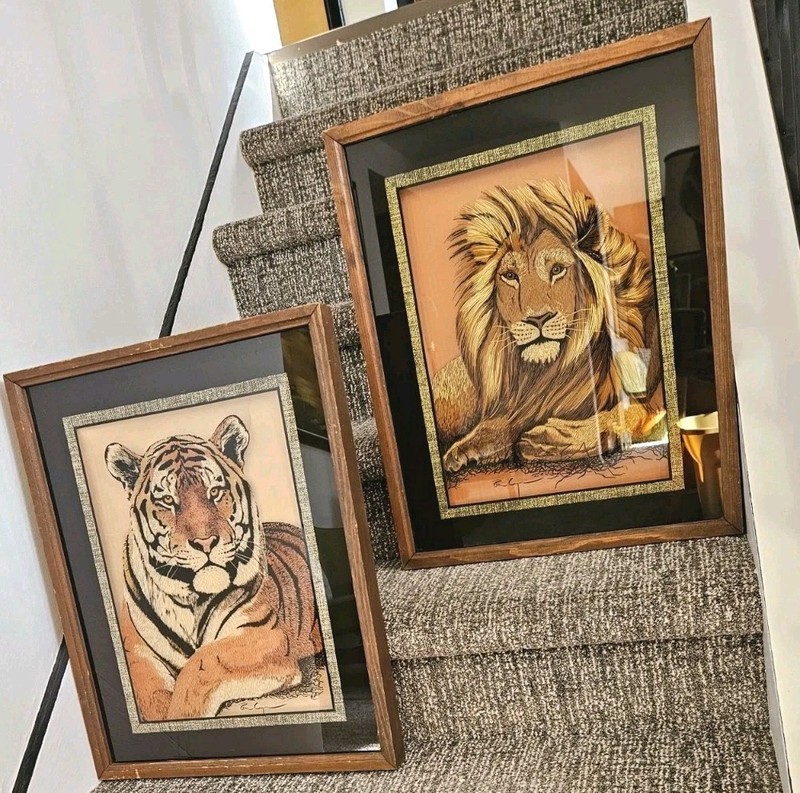 Rare 2 Framed Reverse On Glass Tiger Lion Lulu’s Inc Vintage 77′ Wall Art Retro