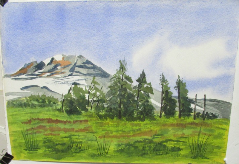C.MORE ORIGINAL WATERCOLOR SNOW MOUNTAIN TREE LANDSCAPE PAINTING