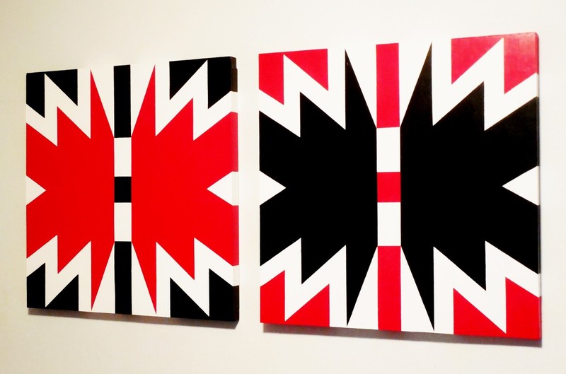 2 Original Hard Edge Red Black White Abstract Paintings on Wood Panels Signed