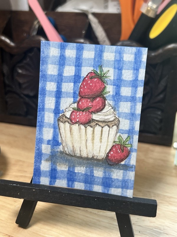 ACEO/ATC Original Painting 2.5 x 3.5 In., Watercolor Cupcake Strawberry Gingham