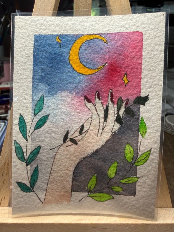 ACEO Original OOAK Signed (Not a Print) «Offering» Moon and Hand Taro Art
