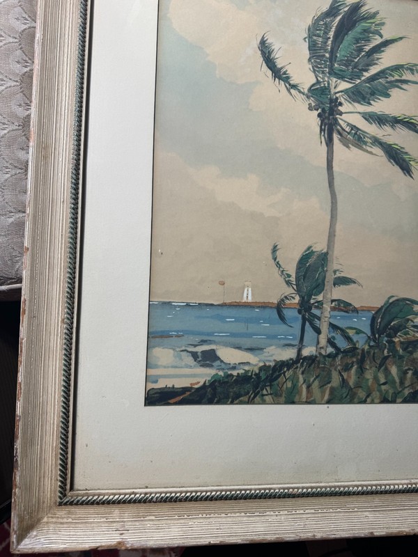 Large Vintage "Windy Coastal Landscape Scene" Watercolor Painting - Framed gallery