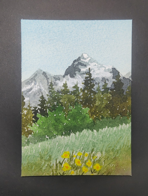 Contemporary Mountain Forest Landscape Painting Trees Wildflowers Unframed