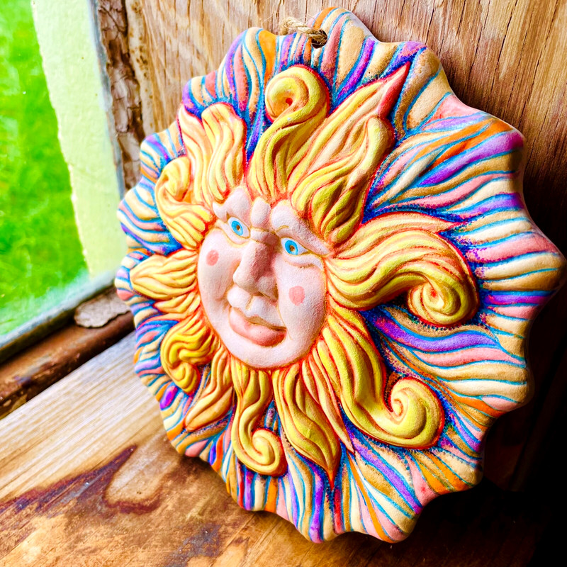 Handpainted Sun 7" Terracotta Sun Wall Plaque Signed One of a Kind Americana Art gallery