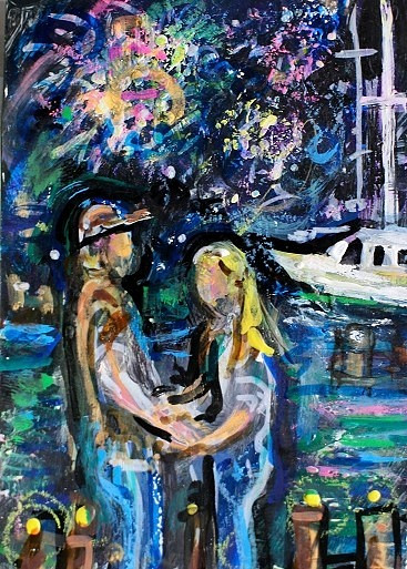 ACEO Original Painting FIREWORKS Love Summer Pier Marina People Boat Bay ATC ART