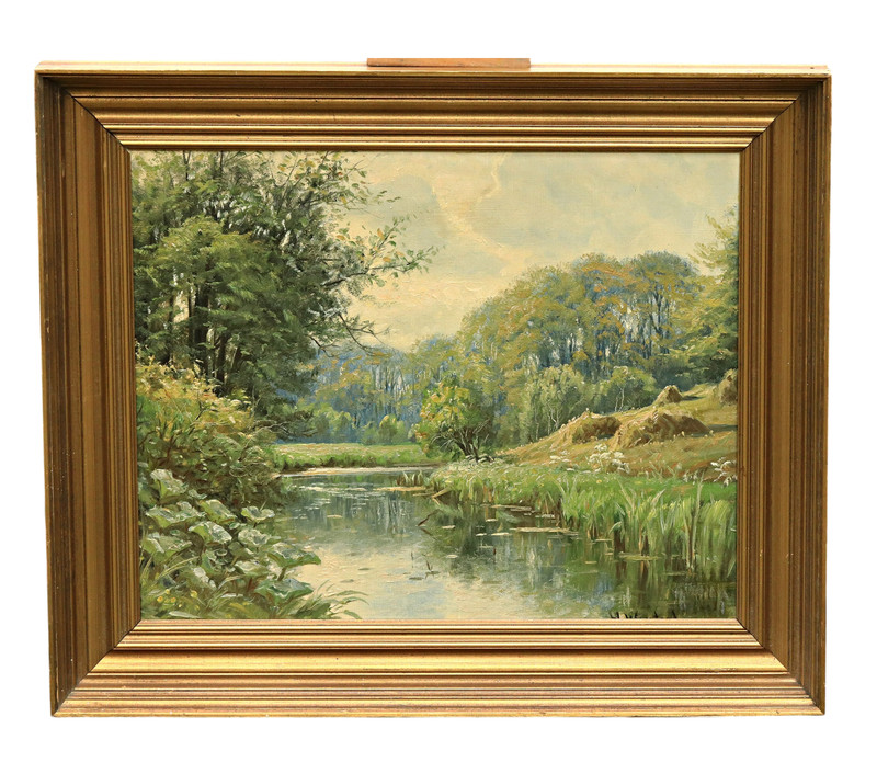 Harald Wentzel 1897- Oil Painting Signed River Landscape Summer Framed
