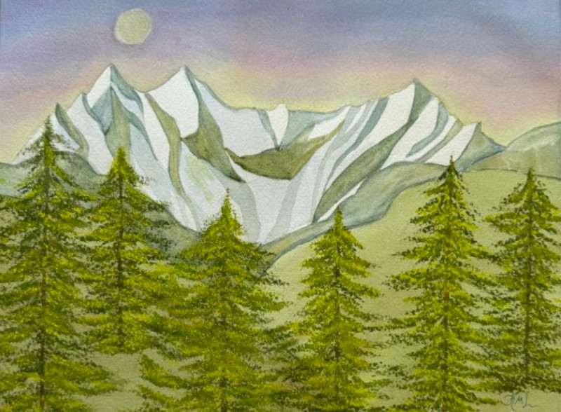 PAINTING WATERCOLOR 11X14 DOUBLE MAT 16X20 MOUNTAINS TREES SUNSET SNOW LANDSCAPE