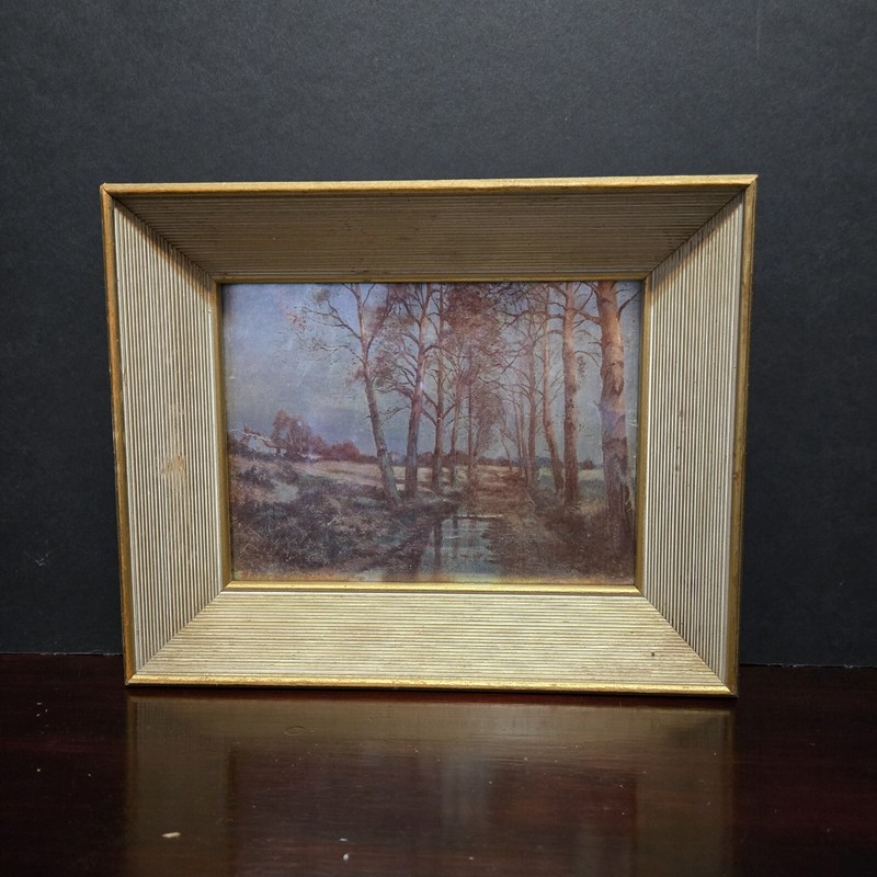 Antique Oil on Board Painting of Forest / Woodland Landscape w/ River Gold Frame