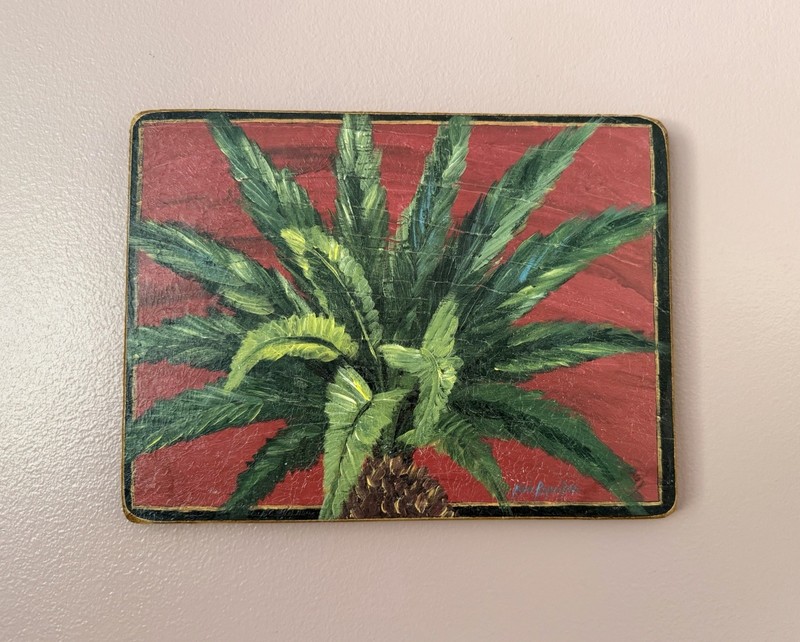 Vintage ORIGINAL Acrylic on Wood * Maria Reyes Jones "Date Palm on Red" SIGNED gallery