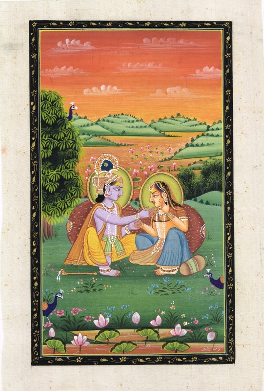 Indian Miniature Painting Of Beautiful Radha Krishna Art On Silk 7×11 Inches