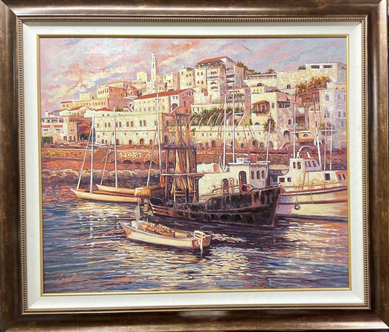Robert Lui «Old Jaffa Port» Embellsihed Impressionist Giclee Art Tel Aviv Israel