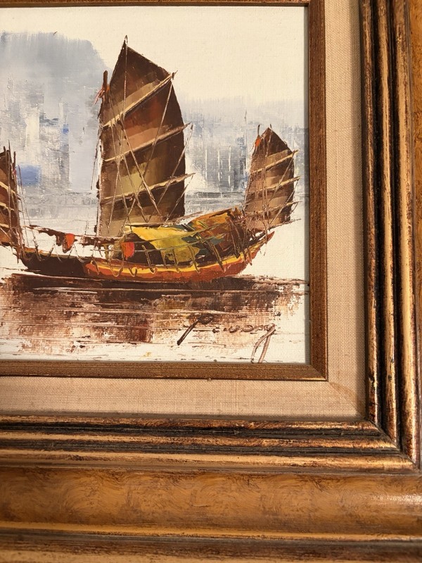 Framed And Matted Original Oil Painting Chinese Junk Boats by P. Wong VTG Art gallery