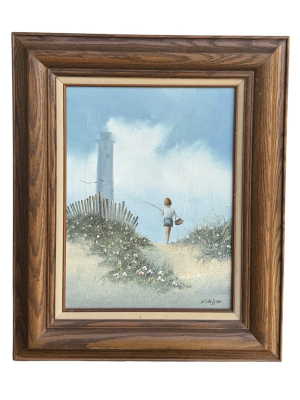 K. Scheffer, Original Oil Painting Folly Beach SC Lighthouse 1985 Framed Coastal