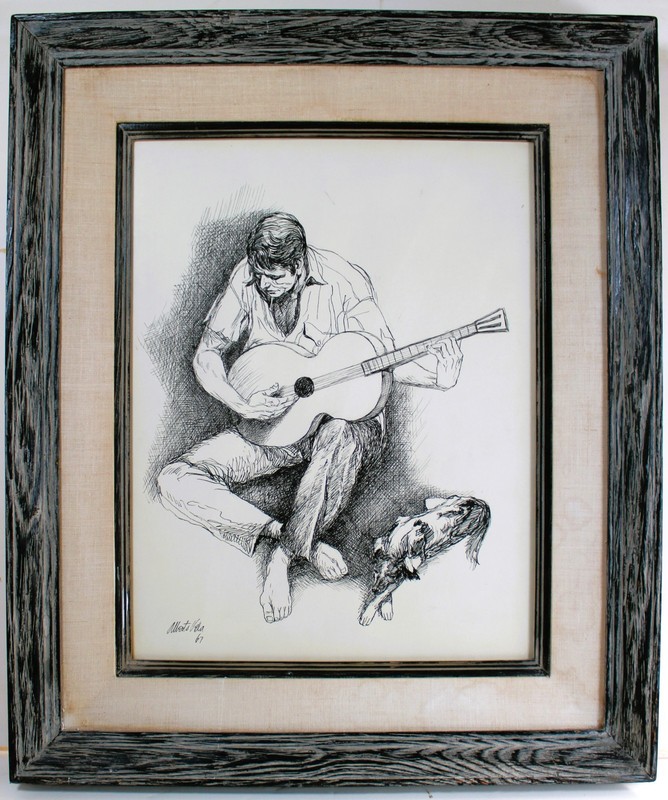 ALBERTO RUIZ VELA 1920-2006 ORIGINAL INK CARDBOARD 1967 SIGNED GUITARIST W/ DOG