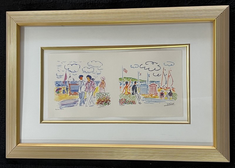 Jean Claude Picot Original Watercolor Painting «Cabanas» Framed & Free Shipping