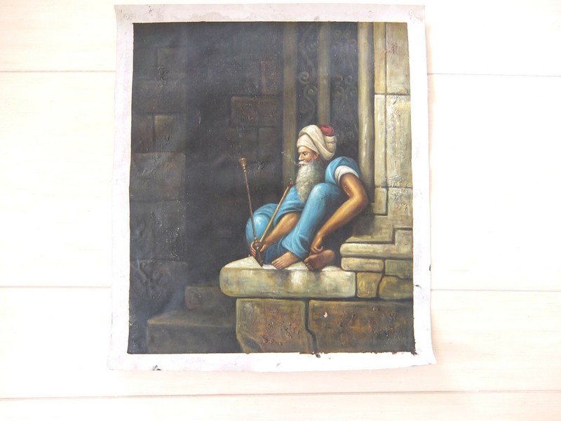 Large Moroccan Original Painting Canvas Old Man Smoking Unframed. gallery