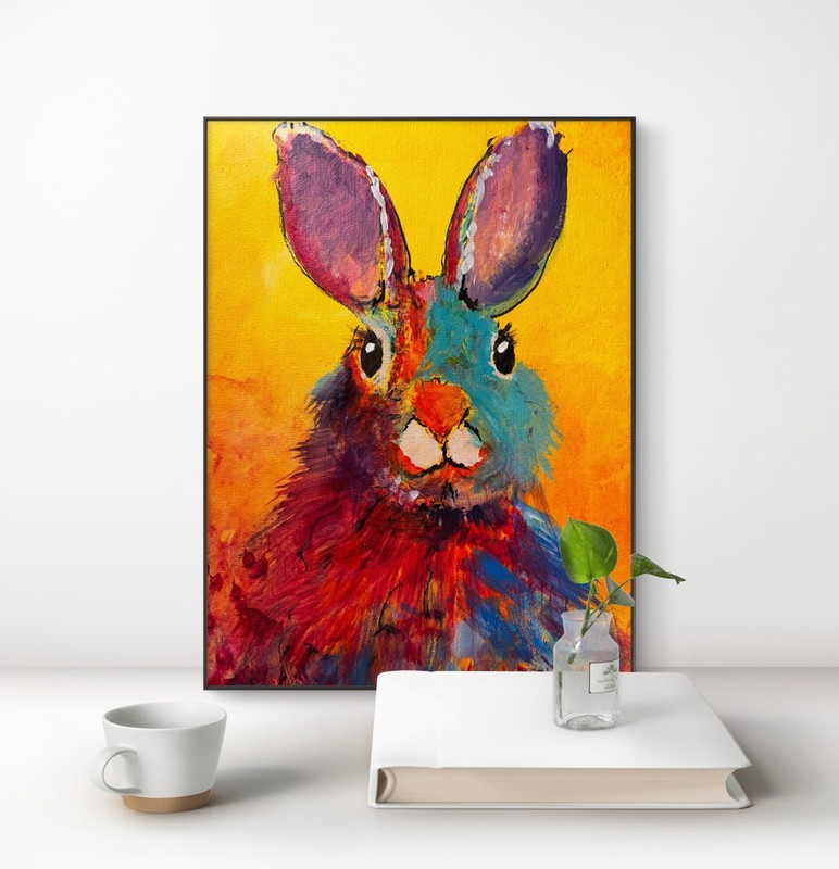 Original Abstract Expressionism 12x16 Bright Rabbit Handmade Signed Colorful gallery