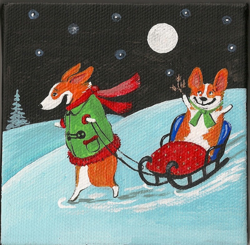 4×4 PRINT OF PAINTING PEMBROKE WELSH CORGI FOLK ART SLED WINTER Dog Landscape 🎄